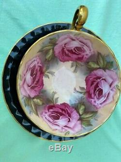 Aynsley C1031 Pink Cabbage Roses & Black Bone China Tea Cup & Saucer