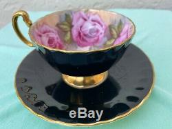 Aynsley C1031 Pink Cabbage Roses & Black Bone China Tea Cup & Saucer