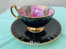 Aynsley C1031 Pink Cabbage Roses & Black Bone China Tea Cup & Saucer