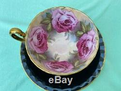 Aynsley C1031 Pink Cabbage Roses & Black Bone China Tea Cup & Saucer