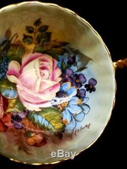 Aynsley Cabbage Rose & Flowers China Tea Cup & Saucer Signed JA Bailey