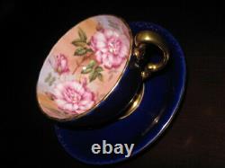 Aynsley Cabbage Roses Teacup & Saucer Pink Roses Cobalt Blue & Gold EXCELLENT