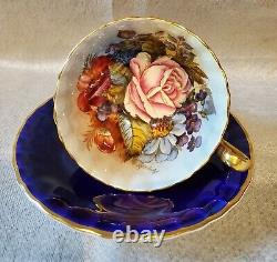 Aynsley Cobalt Blue Cabbage Rose Tea Cup and Saucer Signed JA Bailey