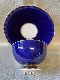 Aynsley Cobalt Blue Cabbage Rose Tea Cup and Saucer Signed JA Bailey