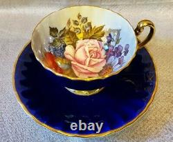 Aynsley Cobalt Blue Cabbage Rose Tea Cup and Saucer Signed JA Bailey