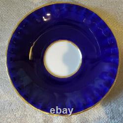 Aynsley Cobalt Blue Cabbage Rose Tea Cup and Saucer Signed JA Bailey