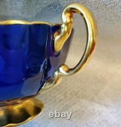 Aynsley Cobalt Blue Cabbage Rose Tea Cup and Saucer Signed JA Bailey