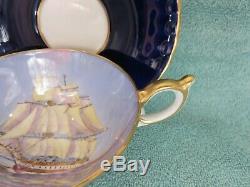 Aynsley Cobalt Blue with Tall ship / Clipper Ship Tea Cup and Saucer