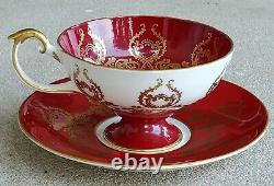 Aynsley Dark Red Cabbage Roses Gold Pedestal Signed J A Bailey Teacup and Saucer