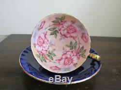 Aynsley England Tea Cup And Saucer Cobalt Blue Three Large Cabbage Rose
