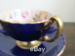 Aynsley England Tea Cup And Saucer Cobalt Blue Three Large Cabbage Rose