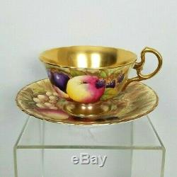 Aynsley Footed Tea Cup & Saucer Fruit Orchard Gold Signed D Jones N Brunt Vtg