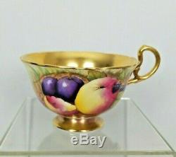 Aynsley Footed Tea Cup & Saucer Fruit Orchard Gold Signed D Jones N Brunt Vtg