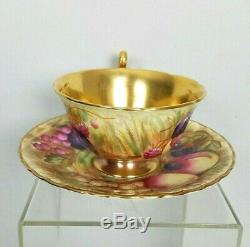 Aynsley Footed Tea Cup & Saucer Fruit Orchard Gold Signed D Jones N Brunt Vtg