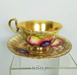 Aynsley Footed Tea Cup & Saucer Fruit Orchard Gold Signed D Jones N Brunt Vtg