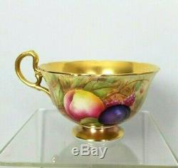 Aynsley Footed Tea Cup & Saucer Fruit Orchard Gold Signed D Jones N Brunt Vtg