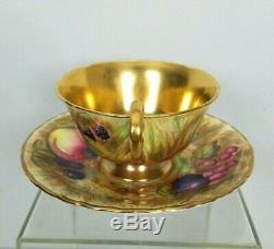 Aynsley Footed Tea Cup & Saucer Fruit Orchard Gold Signed D Jones N Brunt Vtg