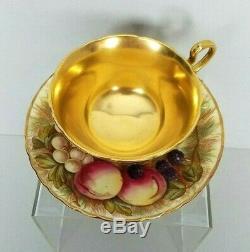 Aynsley Footed Tea Cup & Saucer Fruit Orchard Gold Signed D Jones N Brunt Vtg