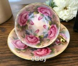 Aynsley Green Cup & Saucer Cabbage Roses Floral Ribbed Teacup EUC