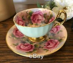 Aynsley Green Cup & Saucer Cabbage Roses Floral Ribbed Teacup EUC