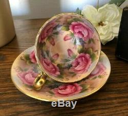 Aynsley Green Cup & Saucer Cabbage Roses Floral Ribbed Teacup EUC