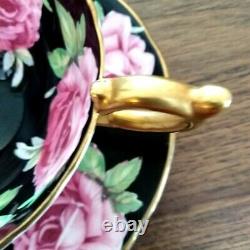 Aynsley Hand Painted Black Cabbage Roses China Teacup & Saucer