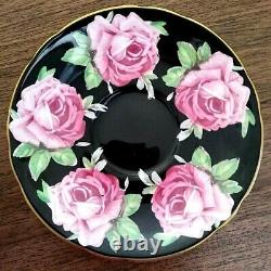 Aynsley Hand Painted Black Cabbage Roses China Teacup & Saucer