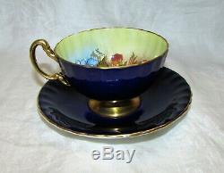 Aynsley JA Bailey Signed Cobalt with Gold Pink Cabbage Rose Tea Cup & Saucer