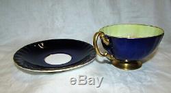 Aynsley JA Bailey Signed Cobalt with Gold Pink Cabbage Rose Tea Cup & Saucer