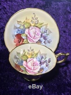 Aynsley J A Bailey Cup & Saucer Cabbage Rose Floral Gold Teacup Signed Rare