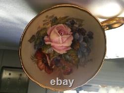 Aynsley J A Bailey Cup & Saucer Cabbage Rose Floral Gold Teacup Signed Rare