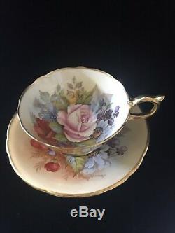 Aynsley J A Bailey Cup & Saucer Cabbage Rose Floral Gold Teacup Signed Rare