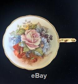 Aynsley J A Bailey Cup & Saucer Cabbage Rose Floral Gold Teacup Signed Rare