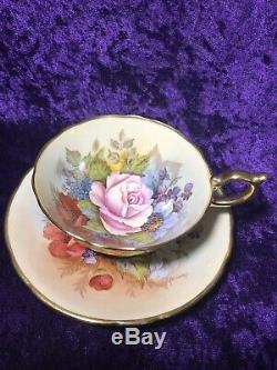 Aynsley J A Bailey Cup & Saucer Cabbage Rose Floral Gold Teacup Signed Rare