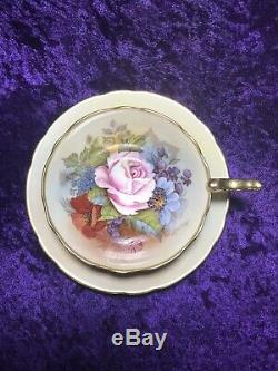 Aynsley J A Bailey Cup & Saucer Cabbage Rose Floral Gold Teacup Signed Rare