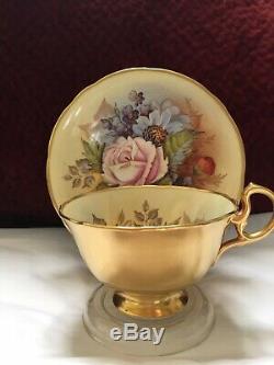 Aynsley J A Bailey Cup & Saucer Cabbage Roses Floral Gold Teacup Signed