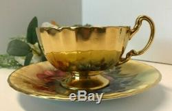 Aynsley J A Bailey Cup & Saucer Cabbage Roses Floral Ribbed Gold Teacup Signed