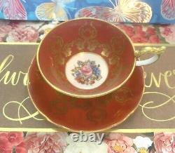 Aynsley J. A. Bailey Footed Tea Cup & Saucer Cabbage Rose Bouquet Gold Orange