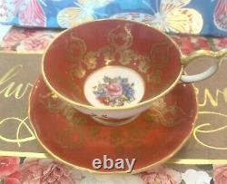 Aynsley J. A. Bailey Footed Tea Cup & Saucer Cabbage Rose Bouquet Gold Orange