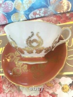 Aynsley J. A. Bailey Footed Tea Cup & Saucer Cabbage Rose Bouquet Gold Orange