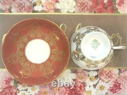 Aynsley J. A. Bailey Footed Tea Cup & Saucer Cabbage Rose Bouquet Gold Orange