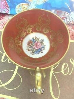 Aynsley J. A. Bailey Footed Tea Cup & Saucer Cabbage Rose Bouquet Gold Orange