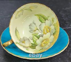 Aynsley Porcelain Magnolia Or Dogwood Floral Turquoise Tea Cup Saucer
