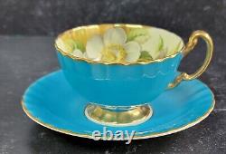Aynsley Porcelain Magnolia Or Dogwood Floral Turquoise Tea Cup Saucer