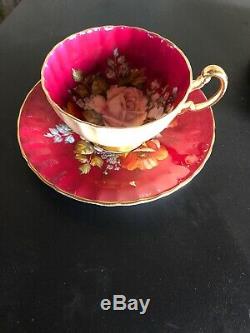 Aynsley Signed J. A Bailey China Tea Cup & Saucer Cabbage Rose Burgundy