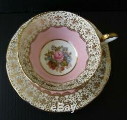 Aynsley Signed J. A. Bailey Pink Salmon Rose Bouquet Gold Gilt Teacup and Saucer