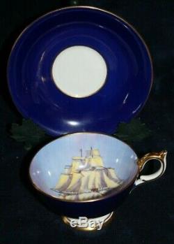 Aynsley Tall Ship Cobalt Blue Cup And Saucer Beautiful Made In England