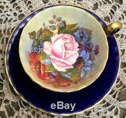 Aynsley Tea Cup & Saucer #1033, Cobalt Blue Rose Floral Center Ja Bailey Signed