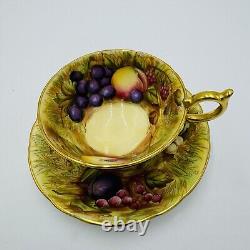 Aynsley Tea Cup & Saucer Orchard Fruit Signed N. Brunt Gold Trim Porcelain