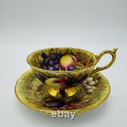 Aynsley Tea Cup & Saucer Orchard Fruit Signed N. Brunt Gold Trim Porcelain